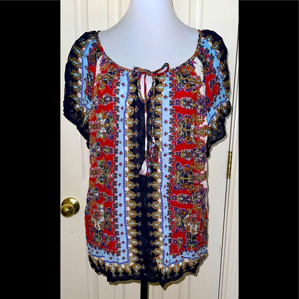 💙♦️Bila- Short Sleeve, Navy, Red and Turquoise Blouse♦️💙
